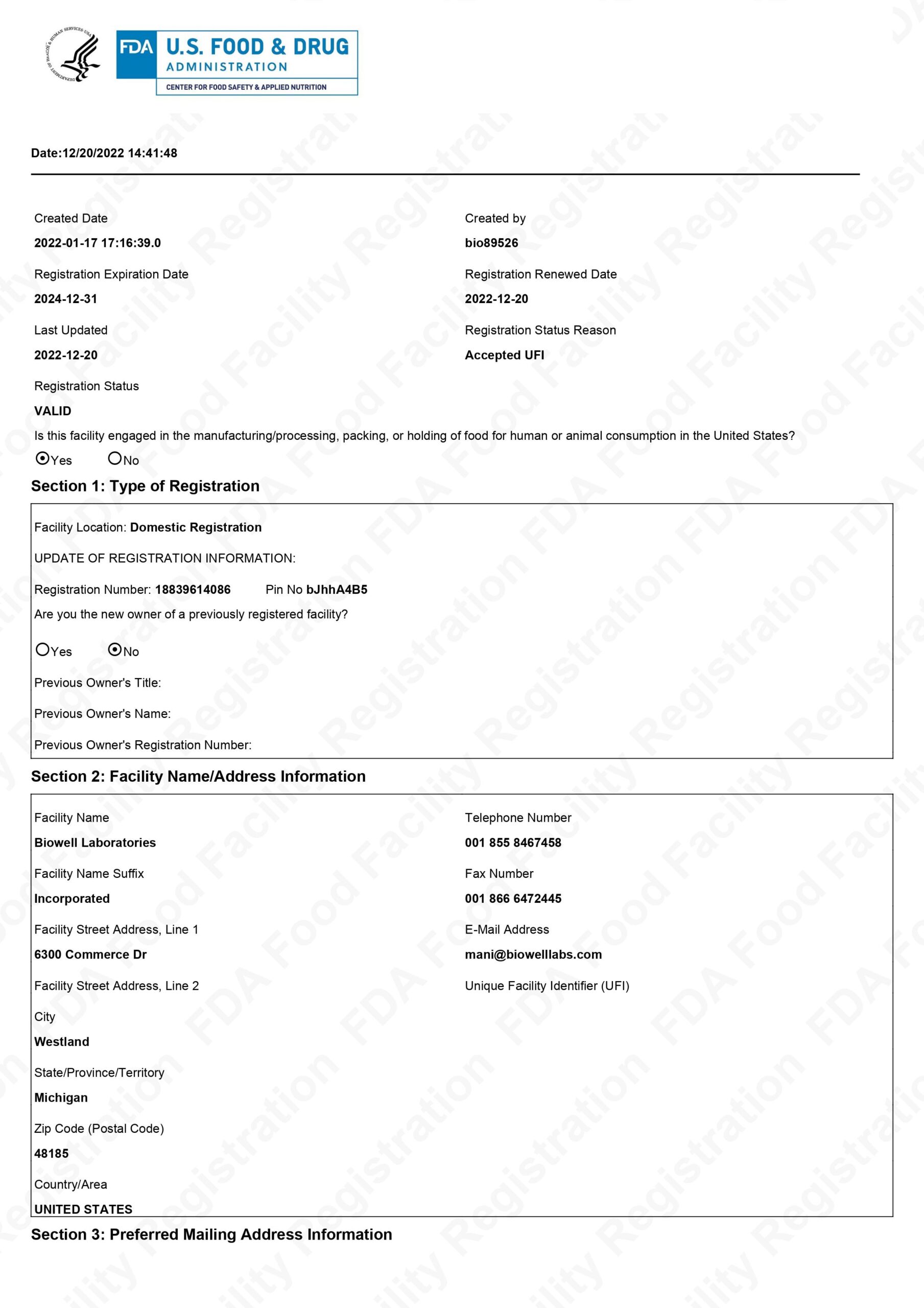 Biowell_FDA Food Facility Certificate_2024